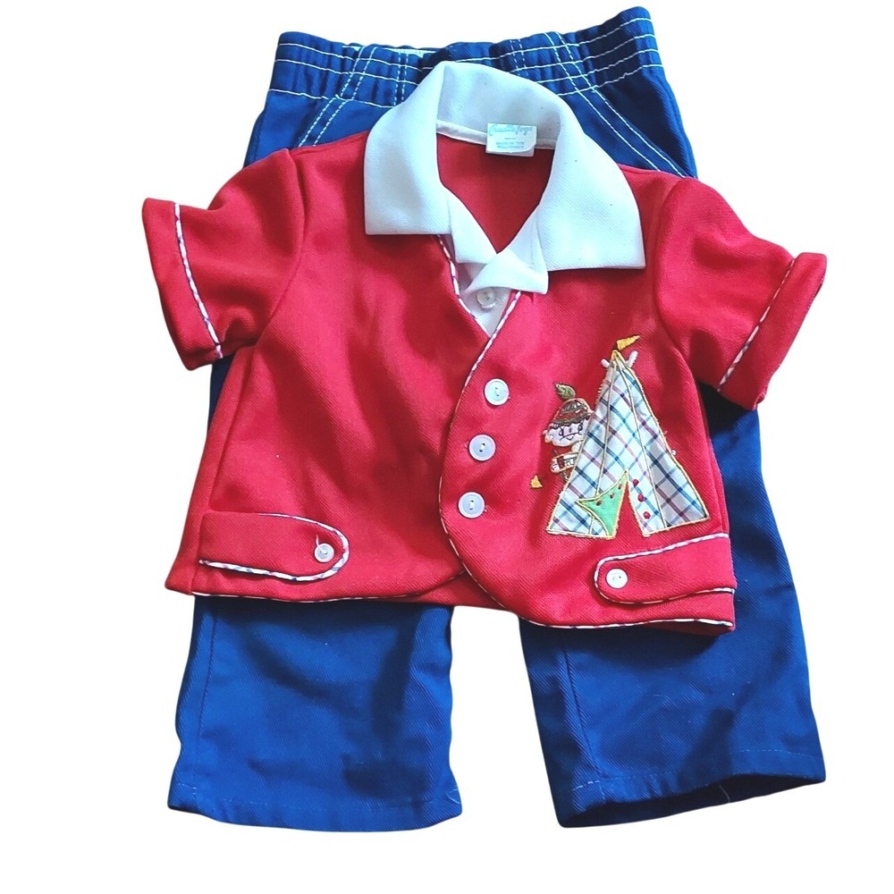 Cradle Togs Vintage 2pc Set Baby Boys 12M Red Blue Teepee Embroidery Outfit